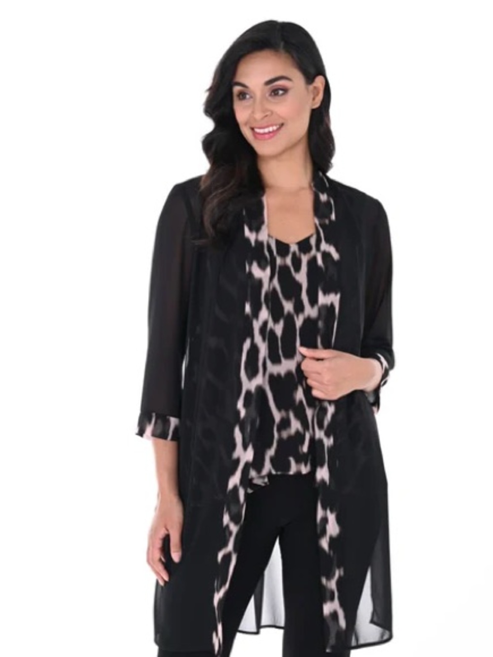 Frank LymanSheer Black Duster with Black & Cream Leopard-Print Shell